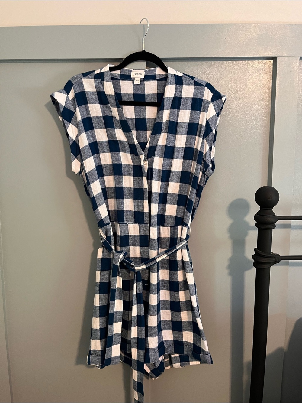 J. Crew Navy and White Gingham Tie-Waist Romper